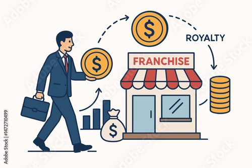 Flat design vector concept of franchise business investment. Businessman with money coin investing in store for growth and profit, showing royalty returns and financial chart.