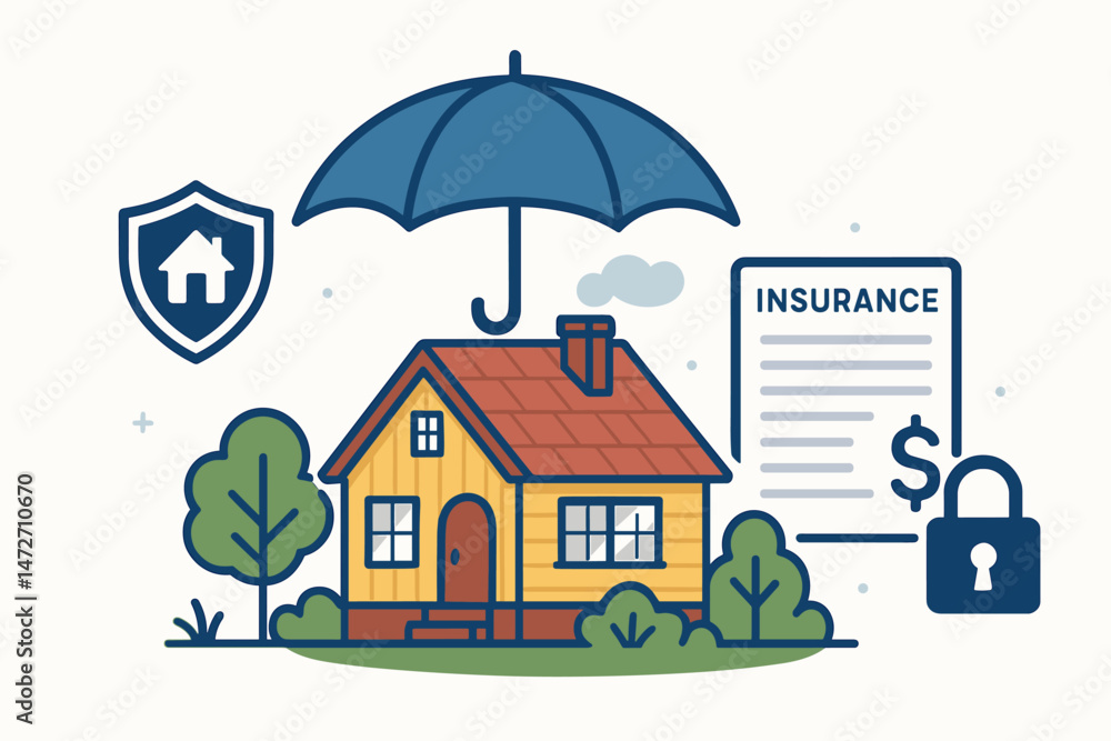 Flat Vector Illustration Concept for Home Insurance Essentials: House Shielded by Umbrella, Security Icon, Policy Document, Dollar Sign, Padlock Symbolizing Property Protection. Flat Vector Illustration Concept for Home Insurance Essentials: House Shielded by Umbrella, Security Icon, Policy Document, Dollar Sign, Padlock Symbolizing Property Protection.