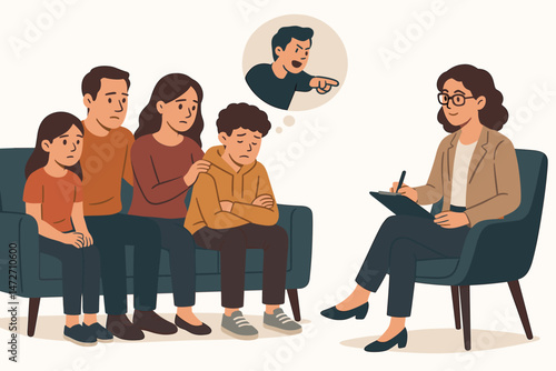 Supportive family therapy session illustration with parents, son, and daughter discussing mental health challenges like conflict and anger with a female counselor taking notes.