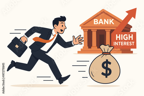 Financial growth concept illustration: Businessman running with briefcase and money bag towards bank seeking high interest returns on savings and investments, deposit race vector.