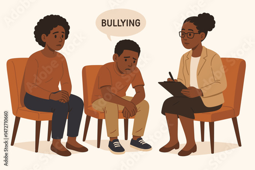 Family therapy session addressing bullying: Sad African American teenage boy and concerned mother talking with a female psychologist or counselor. Mental health support vector illustration.