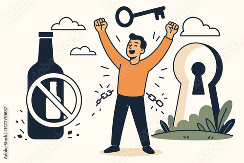 Vector illustration celebrating sobriety achievement. Man breaks chains of alcohol addiction, symbolizing recovery, freedom, unlocking potential, and overcoming challenges.