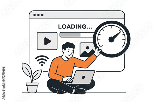 Website speed optimization concept showing man with laptop improving loading times and web performance. Vector graphic for internet technology, user experience, and SEO benefits.