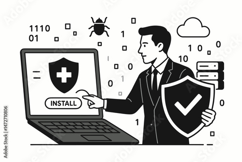 Cybersecurity professional installing antivirus software on laptop, holding security shield for robust data protection, network safety, and malware defense vector illustration.