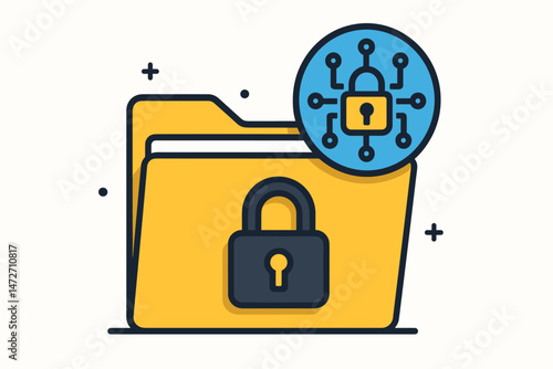 Vector illustration of a protected file folder with padlocks, symbolizing secure data storage, cybersecurity measures, digital information encryption, and network security concepts.