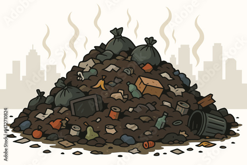 Massive pile of stinking garbage and overflowing trash representing an urban waste management crisis and environmental pollution problem against a city skyline vector illustration.