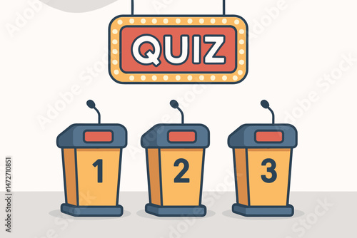 Flat vector graphic of a quiz competition stage with three numbered podiums, microphones, and a classic lit marquee sign. Suitable for game shows, trivia challenges, and educational content.