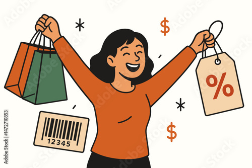 Happy woman celebrating discounts and sales, holding shopping bags and a percentage tag. Vector illustration depicting a joyful shopping experience with barcode and dollar signs.