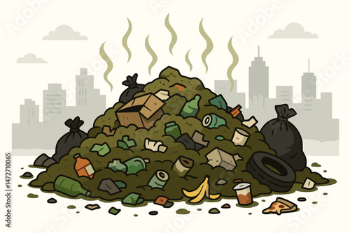 Vector Illustration of Overflowing Landfill with Smelly Trash, Plastic Bottles, and Food Waste Piled High Against a Polluted Cityscape Background Representing Urban Garbage Crisis.