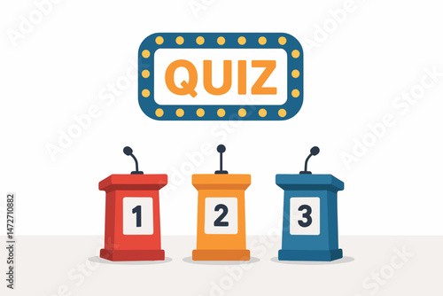 Flat design vector of a classic quiz show set with three contestant stands numbered 1, 2, 3, microphones, and illuminated sign, ideal for entertainment, competition, or educational game graphics.