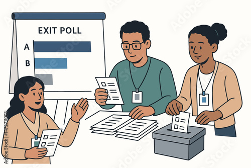 Diverse election team conducting exit poll analysis and vote counting, placing ballots in a ballot box at a polling station. Modern flat vector illustration for democracy concepts.
