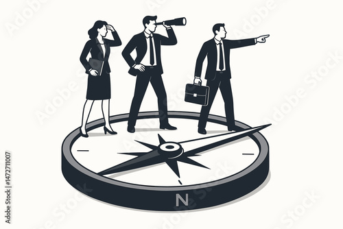 Entrepreneurs and business professionals using a compass for guidance and direction. Teamwork, vision, and strategy concept with telescope and pointing leader vector illustration.