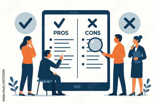 Vector illustration of a diverse business team conducting a pros and cons analysis on a giant tablet. Concept for decision making, evaluation, strategy development, and teamwork.