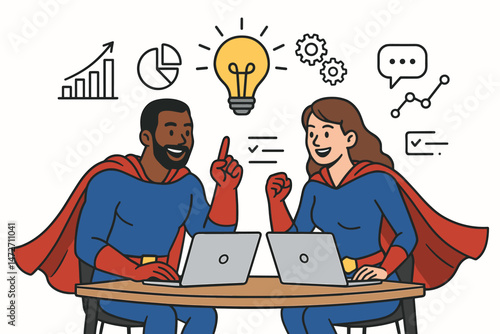 Dynamic superhero team brainstorming session, collaborative planning meeting for strategy and creative ideas, vector illustration of powerful heroes working together on a mission.