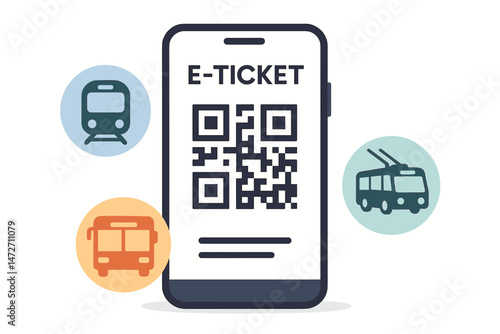 Vector Illustration of Smartphone E-Ticket App with QR Code for Urban Public Transportation. Buy digital tickets for city bus, subway train, and trolleybus via mobile payment system.