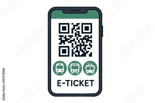 Urban Transit App interface on smartphone screen showing digital E-Ticket with QR code and icons for train, bus, and trolleybus. Online mobile booking vector illustration.