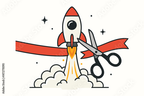 Business Startup Launch Vector Illustration: Rocket Blasting Off Through Grand Opening Ribbon Cutting Ceremony for Project Kickoff and Success Celebration Announcement