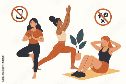 Women enjoying a digital detox retreat, practicing yoga and fitness exercises while unplugging from smartphones and social media for mental wellness and mindful living. Vector art.