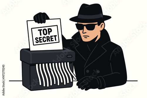 Secret Agent Disposing of Classified Information Vector Graphic. Spy Character in Hat and Sunglasses Shredding Top Secret Document for Data Security and Confidentiality Concepts.