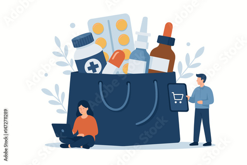 Online Pharmacy Shopping Illustration With Medicine Bottles, Pills, Prescription Drugs, Delivery Bag, Customers Using Digital Devices, Modern Healthcare And E-Pharmacy Technology Concept
