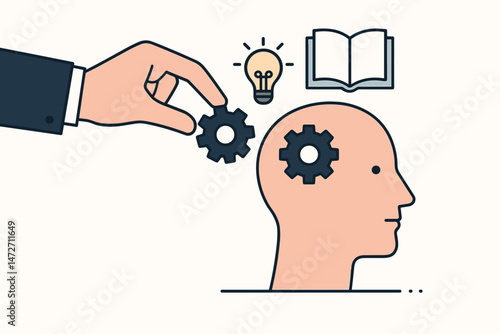 Business hand inserting gear into human head for intellectual development, knowledge acquisition, learning, and innovation concept with lightbulb and book icons vector illustration.