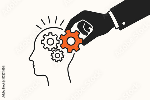 Conceptual vector illustration depicting a hand inserting an orange gear into a human head outline, symbolizing knowledge transfer, intellectual development, learning process, or idea implementation.