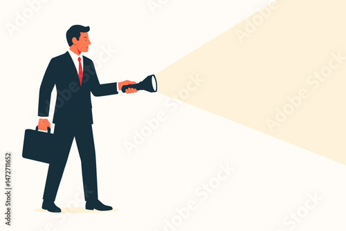 Businessman with flashlight illuminates the future path, searching for business opportunities and strategic direction. Flat vector illustration representing vision, clarity, and guidance concepts.