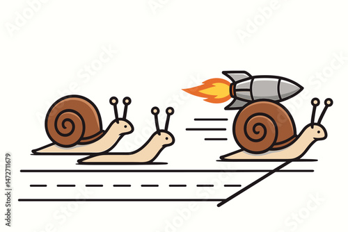 Rocket-powered snail easily wins a race against slower opponents in this funny vector graphic, illustrating concepts like speed boost, competitive advantage, innovation, and efficiency.