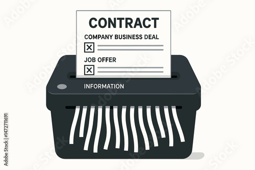 Concept of contract termination and information destruction with a paper shredder destroying a document marked business deal and job offer, flat vector illustration design.