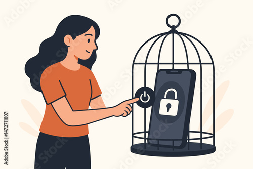 Vector illustration depicting digital detox: A smiling woman locks her smartphone in a birdcage and presses the power button, symbolizing freedom from technology addiction and reducing screen time.
