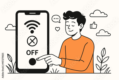 Smiling man takes a break, turns off smartphone Wi-Fi for digital detox and mental peace. Vector line art showing disconnection from internet, social media, and enjoying an offline moment.