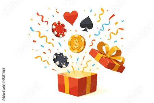 Exploding Gift Box with Casino Chips Coin Card Suits and Confetti Vector Illustration Isolated on White Background for Gambling Promotion Bonus Win Reward Celebration Surprise