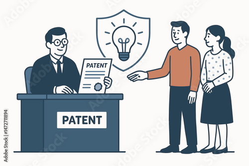 Patent office scene with agent granting official patent certificate to inventor couple, illustrating intellectual property protection, innovation, and legal rights vector graphic.