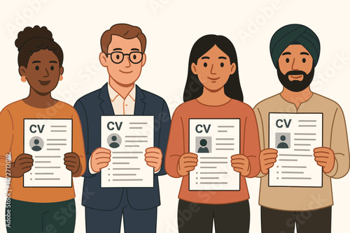 Diverse group of job applicants holding CV resumes vector illustration. Multiethnic candidates applying for work, concept of hiring, recruitment, human resources, and workforce equality.