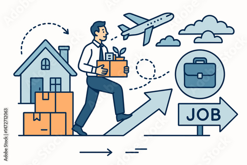 Employee relocation vector illustration showing a professional moving from home with personal belongings towards a new job opportunity, indicated by an upward arrow, job sign, and airplane.