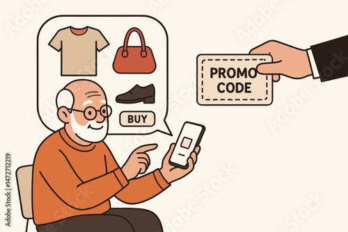 Vector illustration of a happy elderly retired man using a smartphone for online shopping, selecting clothes and shoes, and receiving a promotional discount code for his e-commerce purchase.