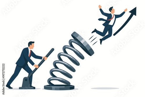 Teamwork launching business success vector illustration. Businessman uses lever and spring to propel partner upwards along growth arrow. Startup collaboration concept for achieving goals.
