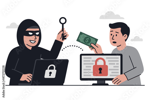 Vector illustration of a ransomware attack where a masked hacker extorts money from a worried user in exchange for a decryption key to unlock the compromised computer system.