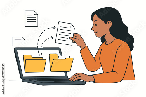 Businesswoman using laptop for digital file organization, transferring documents into folders, data management system concept. Modern flat outline vector illustration isolated.