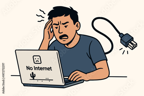 Man frustrated by lack of internet connection, holding head in despair looking at laptop screen showing offline error message and unplugged ethernet cable vector illustration.