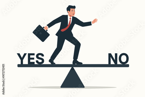 Businessman carefully balancing on a seesaw between Yes and No options, representing business decision making, negotiation strategy, risk assessment, and choice dilemma concept vector.