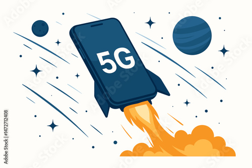 Blazing Fast 5G Mobile Speed Concept Vector Illustration Smartphone Rocket Launch Represents High-Speed Internet Network Technology Wireless Communication Future Data Connection Boost
