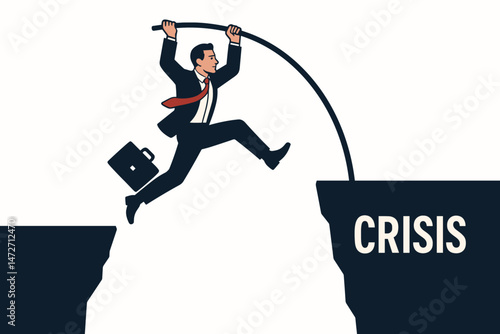 Businessman pole vaulting over a chasm labeled Crisis, symbolizing overcoming business challenges, risk management, and strategic problem-solving vector illustration concept