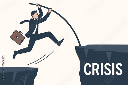 Determined businessman in suit with briefcase pole vaulting over a deep chasm labeled Crisis, symbolizing overcoming business challenges, risk, and achieving success vector illustration.