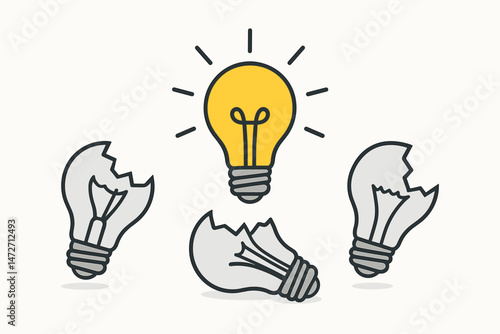Creative Solution Conceptual Illustration: One Shining Yellow Light Bulb Idea Emerges Victorious Over Several Broken Grey Bulbs, Symbolizing Breakthrough, Uniqueness, and Innovation.