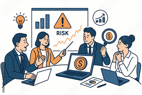 Professional business group in a collaborative meeting focused on financial risk evaluation, investment strategy analysis, and market assessment using data visualization and laptops.