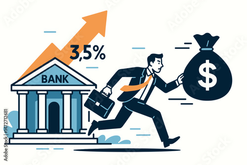 Vector illustration of a successful businessman running with a bag of money from a bank, depicting financial gain, investment growth, rising interest rates, and capital success.