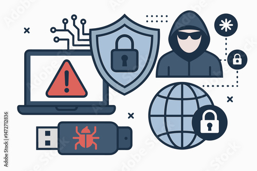 Vector graphic illustrating cybersecurity concepts: hacker silhouette, virus-infected USB stick, laptop security alert, protective shield, and internet globe representing global cyber threats.
