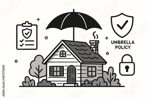 Umbrella Policy and Home Insurance Essentials Vector Concept. Minimalist black and white line art illustration of a protected cottage with security icons like shield, lock, and checklist.