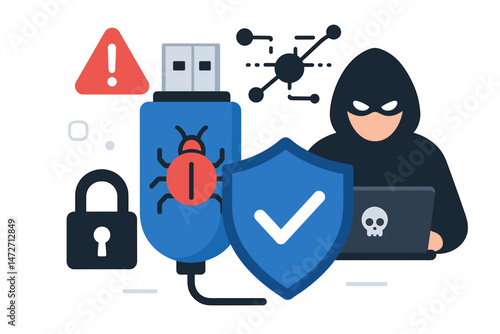 Cybersecurity concept illustration showing hacker, USB virus threat, antivirus shield protection, secure padlock, warning sign, and network icon representing data safety and defense vector graphic.